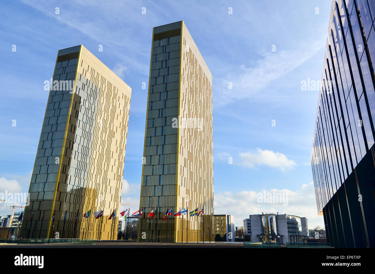 Golden torri gemelle della Corte di giustizia dell'Unione europea, nel quartiere europeo, Kirchberg, Lussemburgo Foto Stock