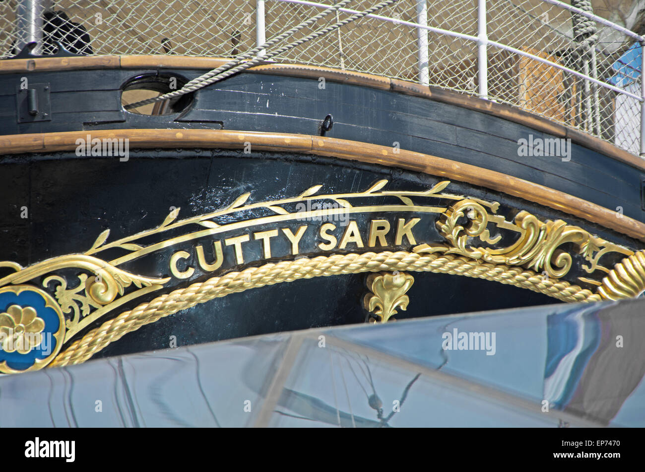 Rinnovato Cutty Sark tea clipper Veliero nome piastra Londra Greenwich Foto Stock