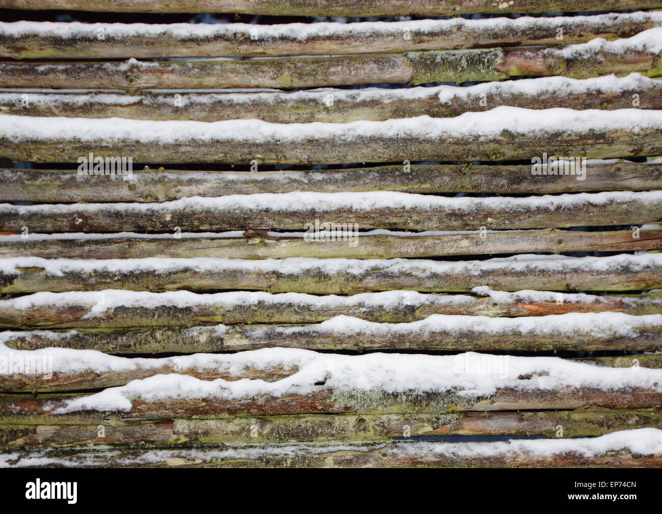 Snowy palo di legno muro di recinzione in inverno Foto Stock