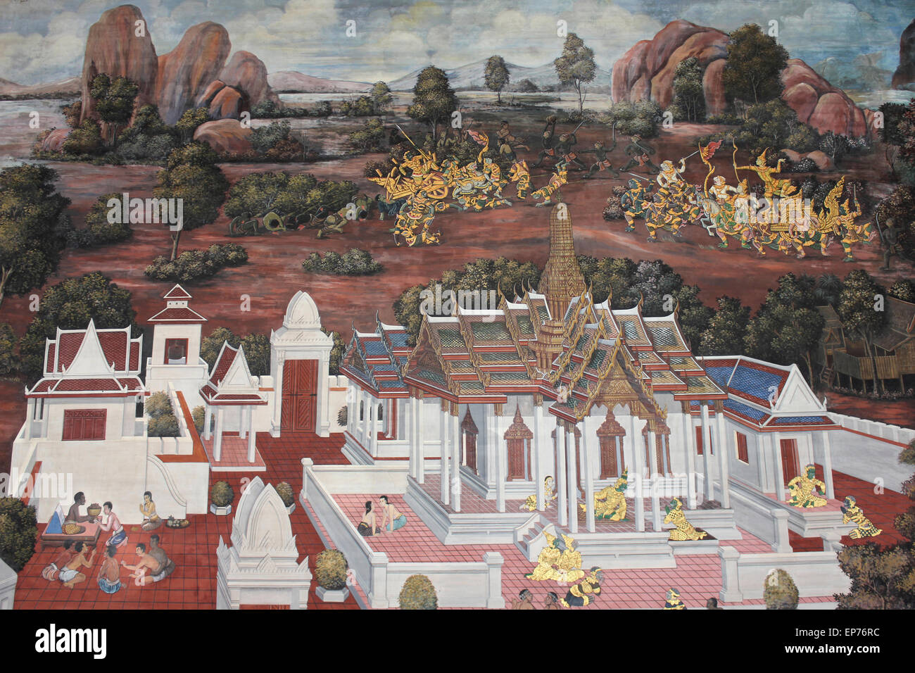 Thai pittura murale in Phra Rabiang (Galleria) in Wat Phra Kaew (il Tempio del Buddha di smeraldo), Bangkok Foto Stock