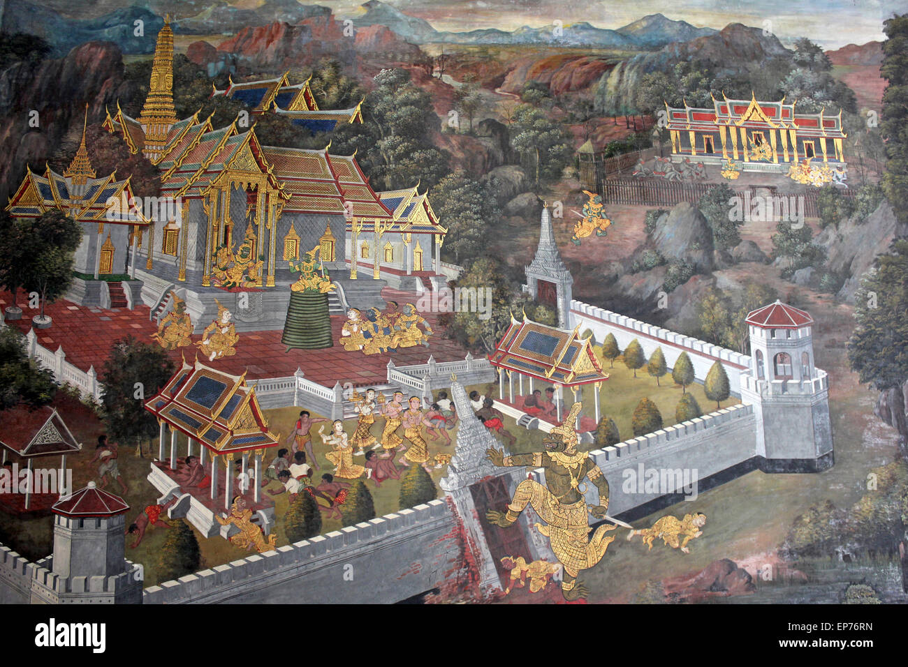 Thai pittura murale in Phra Rabiang (Galleria) in Wat Phra Kaew (il Tempio del Buddha di smeraldo), Bangkok Foto Stock