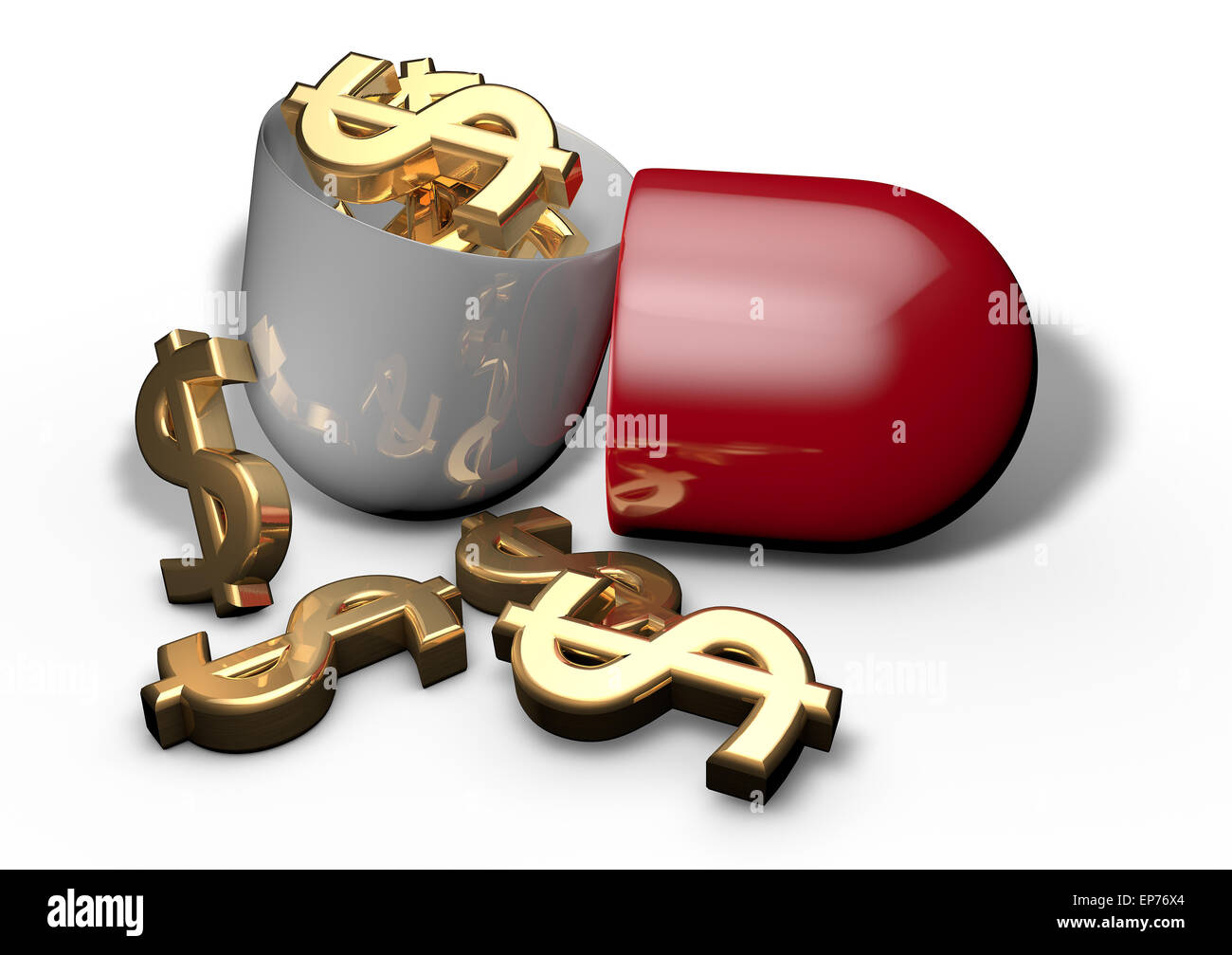 Golden Dollar simboli di valuta in pillola isolati su sfondo bianco. Medicina il concetto di assicurazione Foto Stock