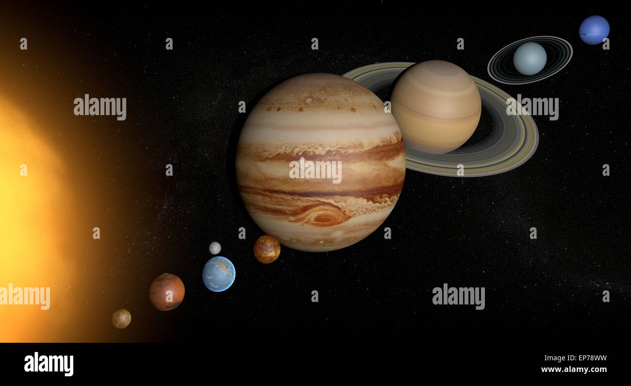 Illustrazione Vettoriale dei pianeti del sistema solare e alcuni dei loro satelliti, nonché diversi distanti pianeti nani Foto Stock