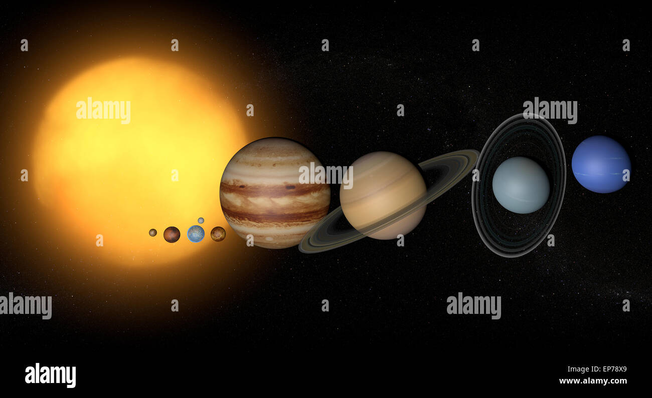 Illustrazione Vettoriale dei pianeti del sistema solare e alcuni dei loro satelliti, nonché diversi distanti pianeti nani Foto Stock
