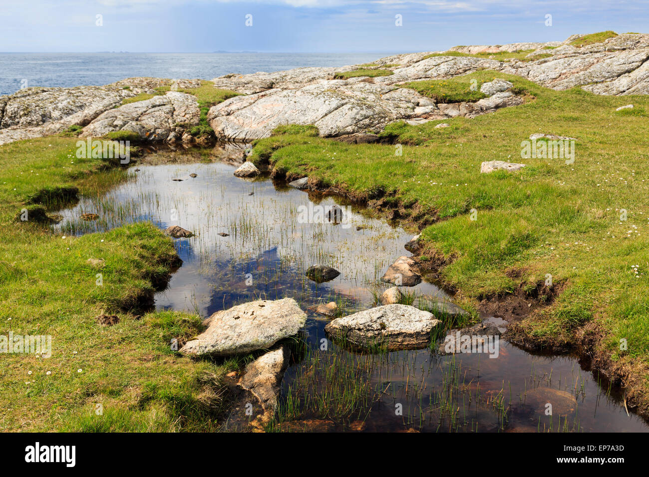 Piscina di acqua in Balranald RSPB Riserva naturale sulla costa ovest. Hougharry, North Uist, Ebridi Esterne, Western Isles, Scotland, Regno Unito Foto Stock
