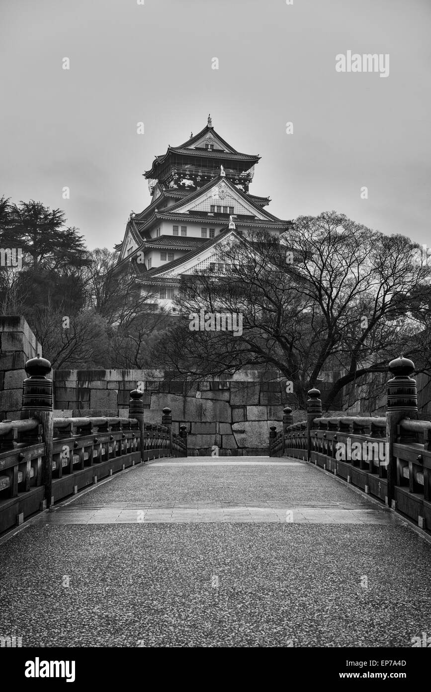 In bianco e nero del Castello di Osaka in un cupo mattina. Foto Stock