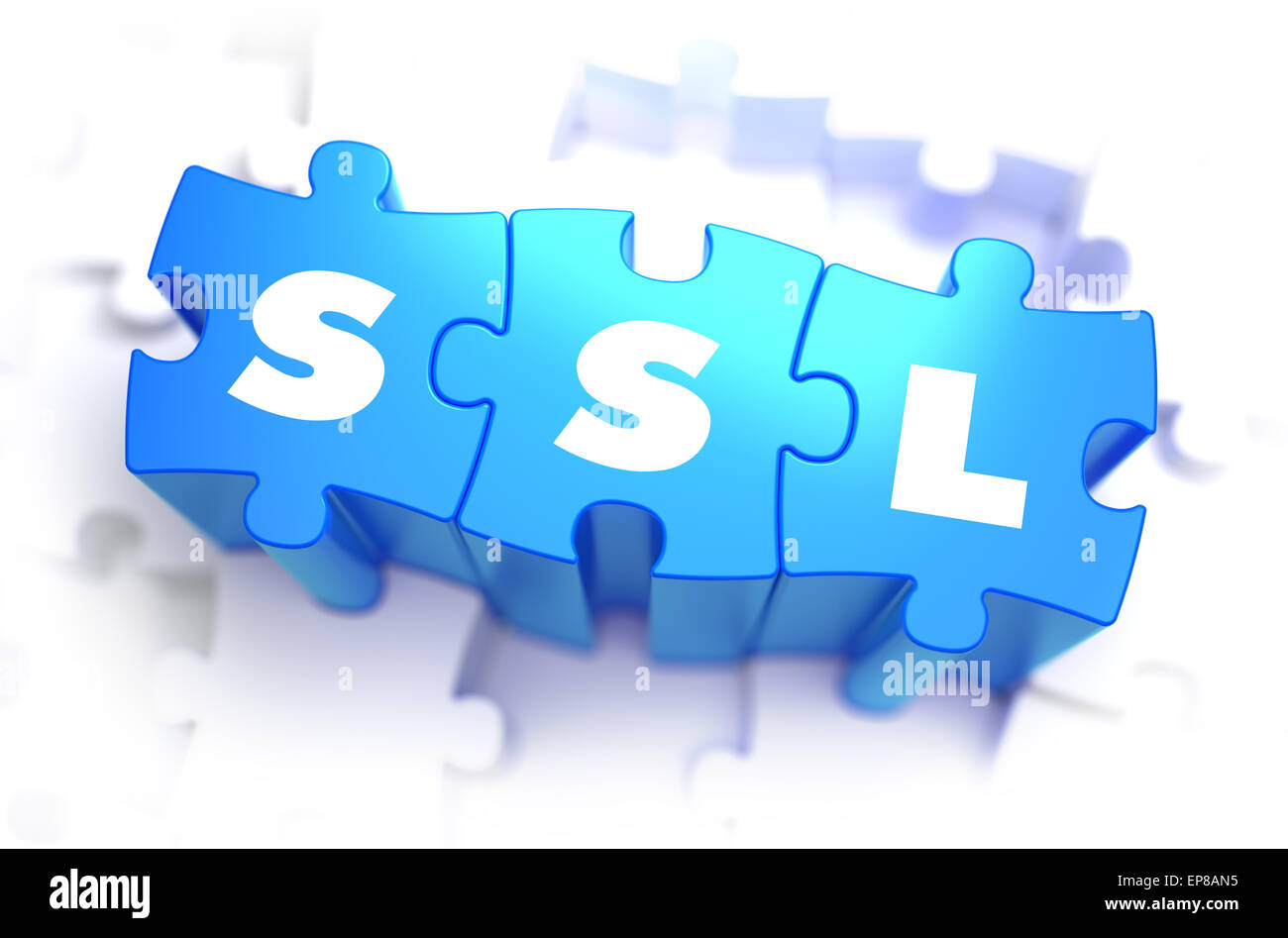 SSL - Secure Socket Layer - il testo su puzzle blu su sfondo bianco. 3D Render. Foto Stock