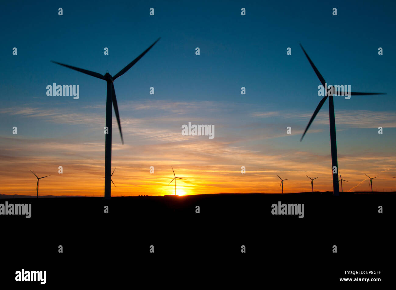 Le turbine eoliche al tramonto in SW Idaho Foto Stock