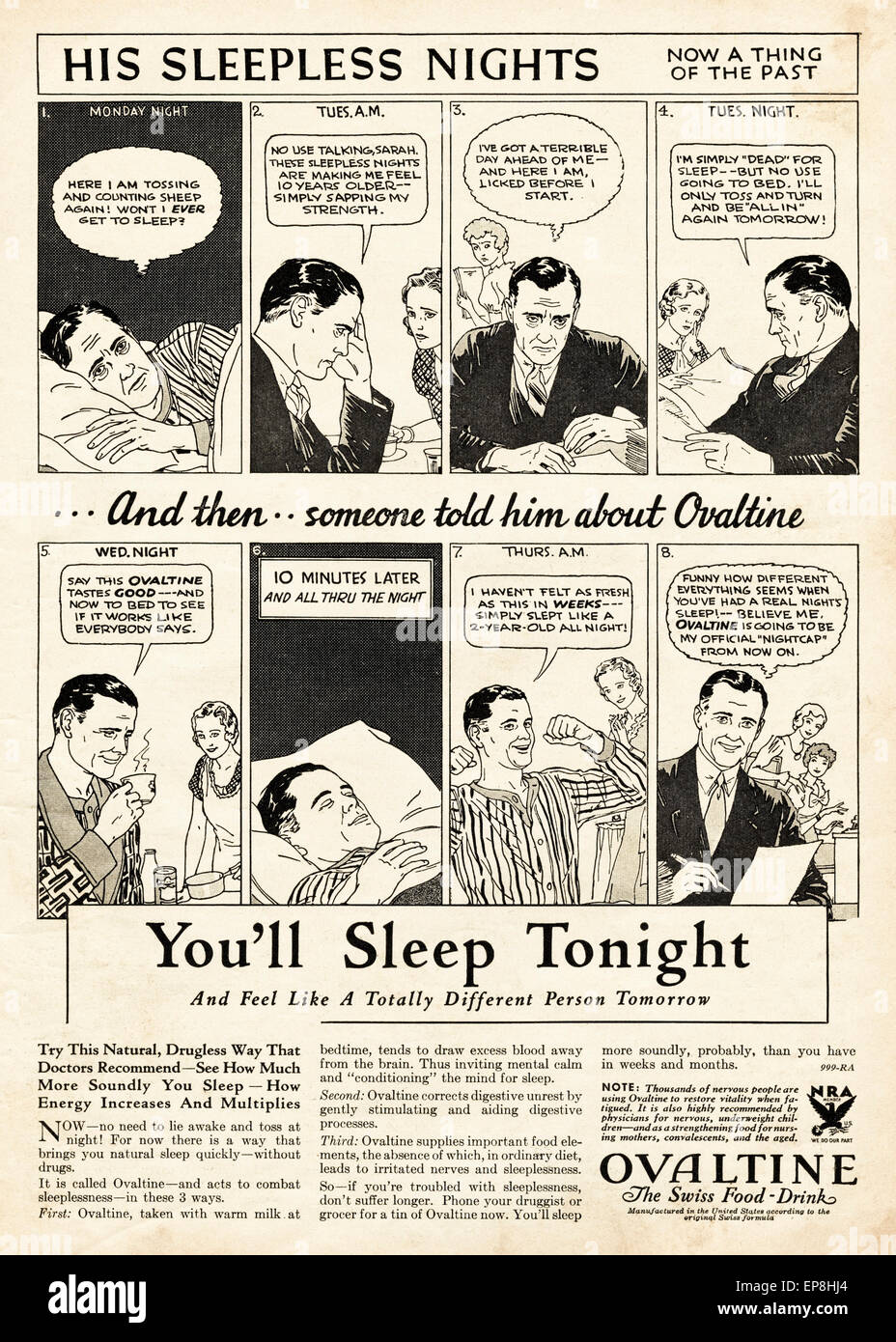 Annuncio Vintage negli anni trenta rivista americana datata novembre 1933 per OVALTINE cartoon story board format Foto Stock