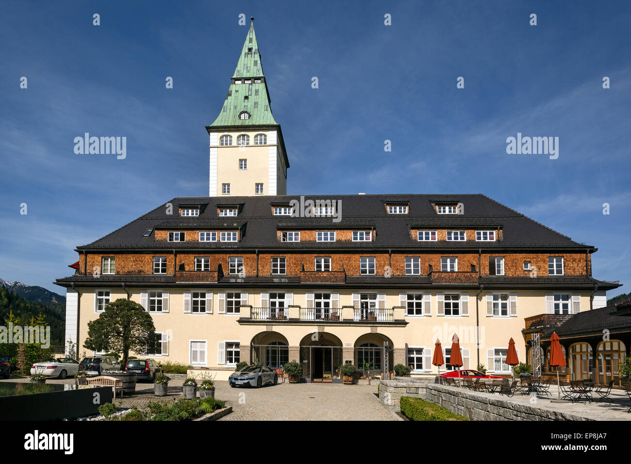Schloss Elmau Castle Hotel, sede del Vertice G7 2015, Klais, Werdenfelser Land, Alta Baviera, Baviera, Germania Foto Stock