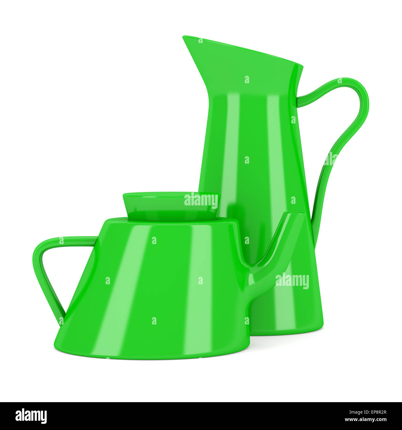 Verde Caraffa in ceramica e teiera isolato su bianco Foto Stock