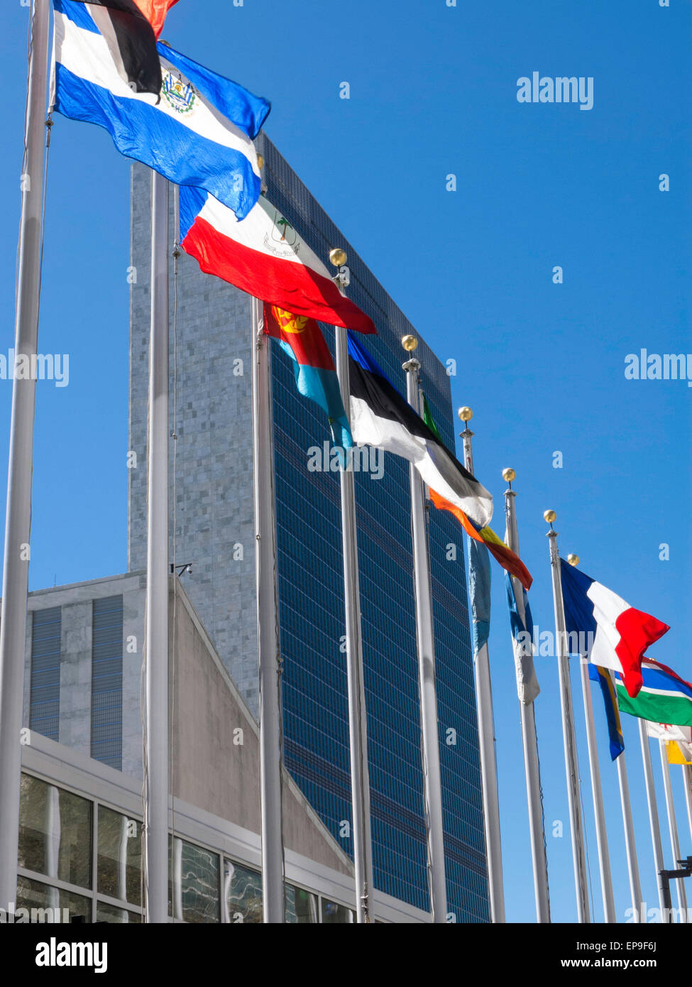 Le bandiere della nazione, il Quartier generale delle Nazioni Unite di New York Foto Stock