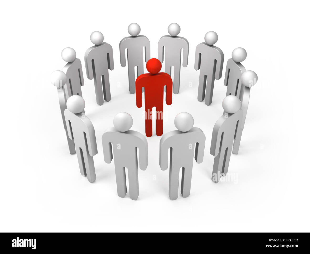 Dodici bianco astratto 3d persone figure stand in anello con una persona di colore rosso all'interno isolato su bianco. Illustrazione nozione di piombo Foto Stock