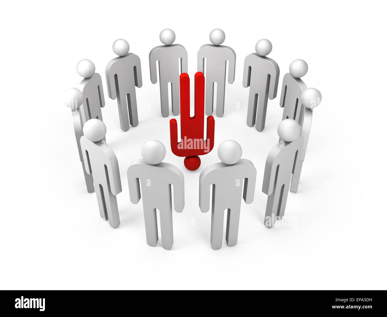 Uno rosso persona straordinaria è in piedi sulla sua testa in un anello di ordinaria 3d persone figure, illustrazione isolato su bianco Foto Stock