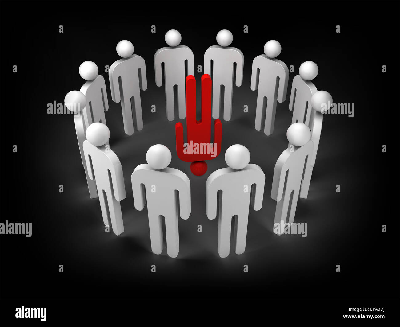 Uno rosso persona straordinaria è in piedi sulla sua testa in un anello di ordinaria 3d persone figure, illustrazione isolato su nero Foto Stock