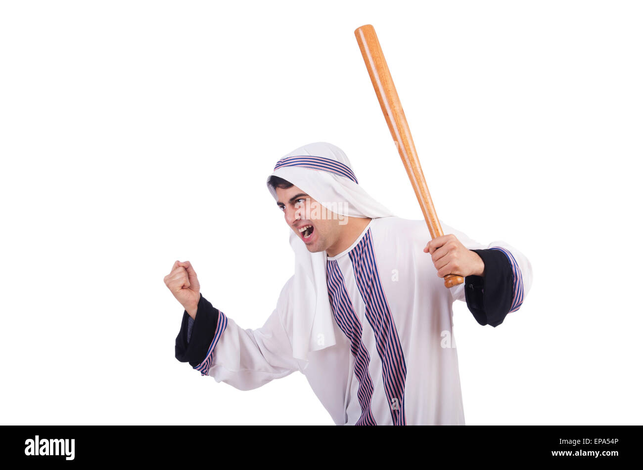 Aggressivo uomo arabo con la mazza da baseball su bianco Foto Stock