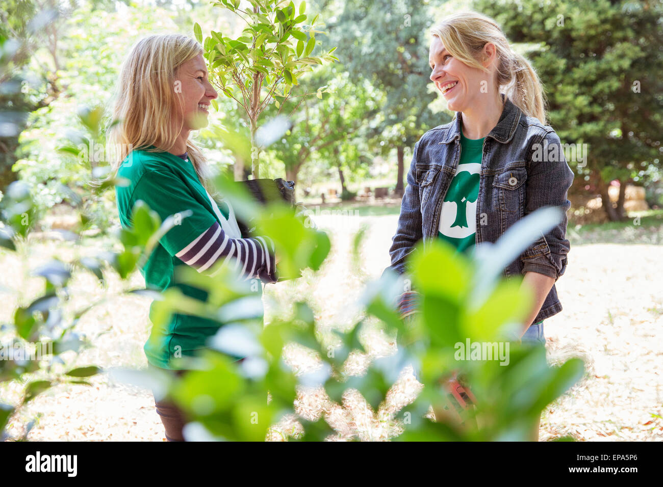 Sorridente volontariato ambientalista parlando Foto Stock