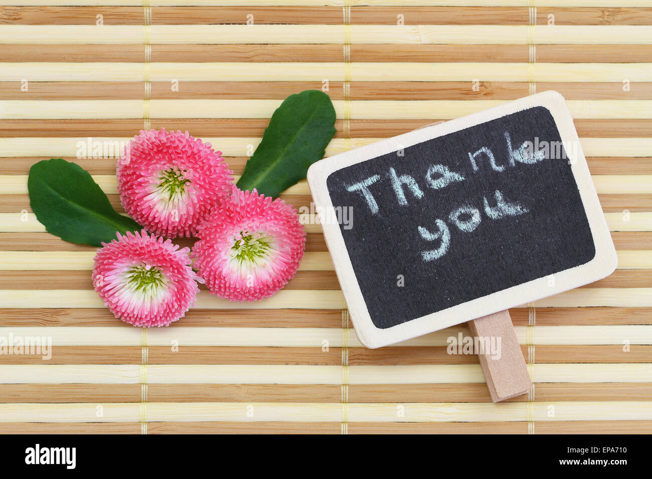 La ringrazio scritto su una piccola lavagna con margherite rosa Foto Stock