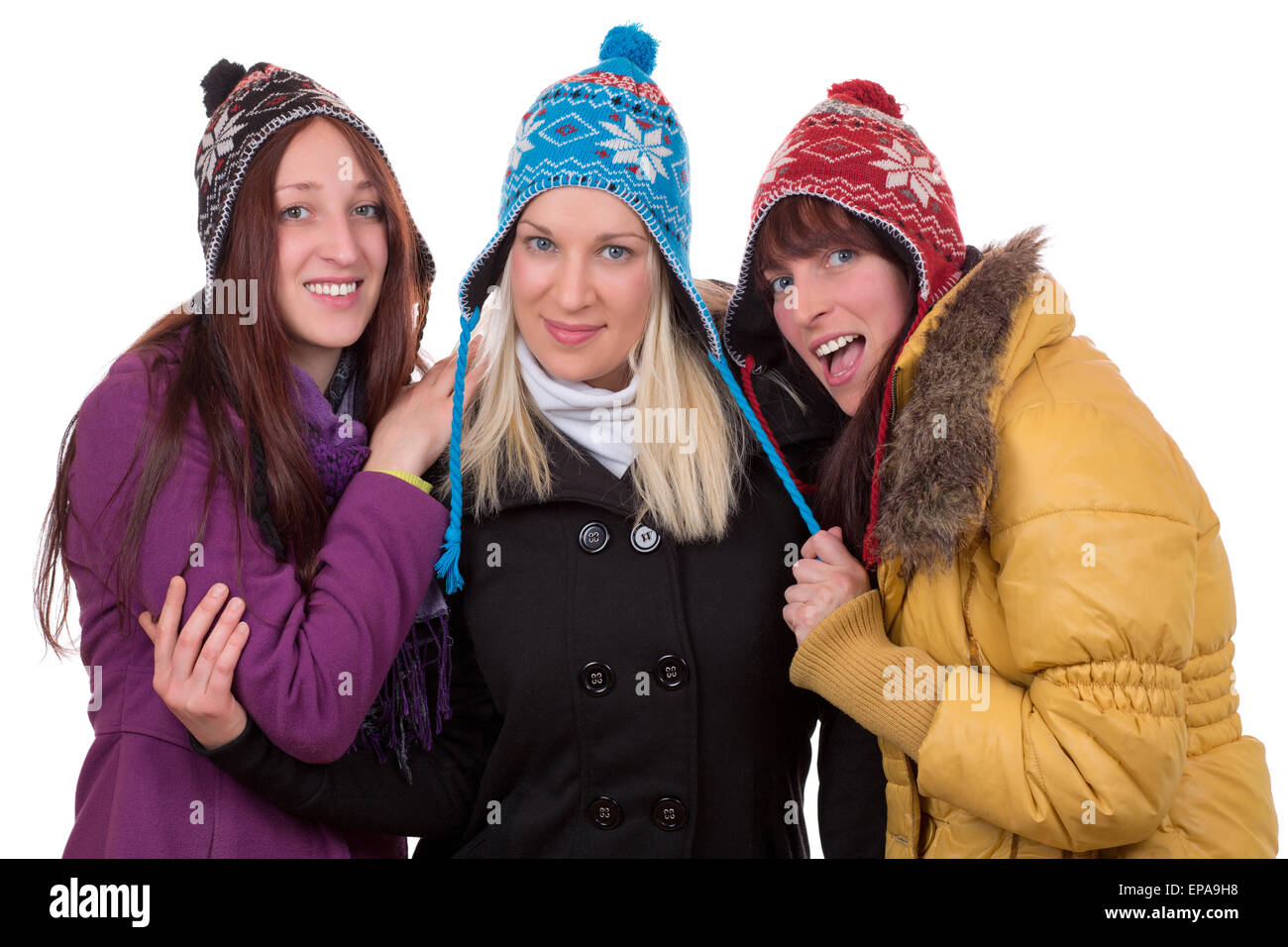 Gruppe von jungen Frauen im Winter mit M├╝tze, Schal und Handschuhen Foto Stock