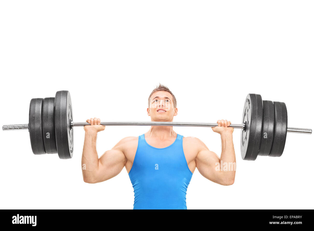 Close-up su un maschio atleta di sollevamento pesi il sollevamento di un peso elevato isolato su sfondo bianco Foto Stock
