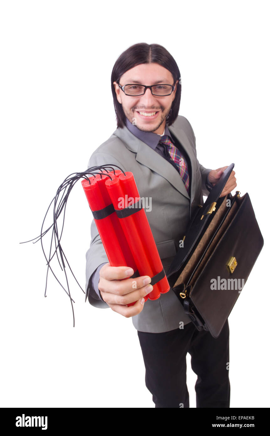 Imprenditore con bastoncini di rosso di dinamite nel concetto di terrorismo isolato su bianco Foto Stock