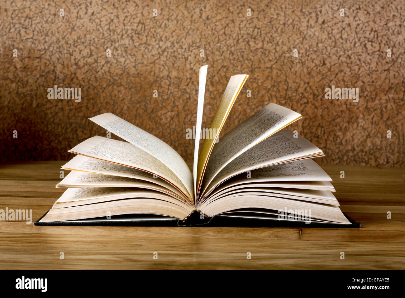 Vecchio libro aperto su grunge tavolo in legno Foto Stock