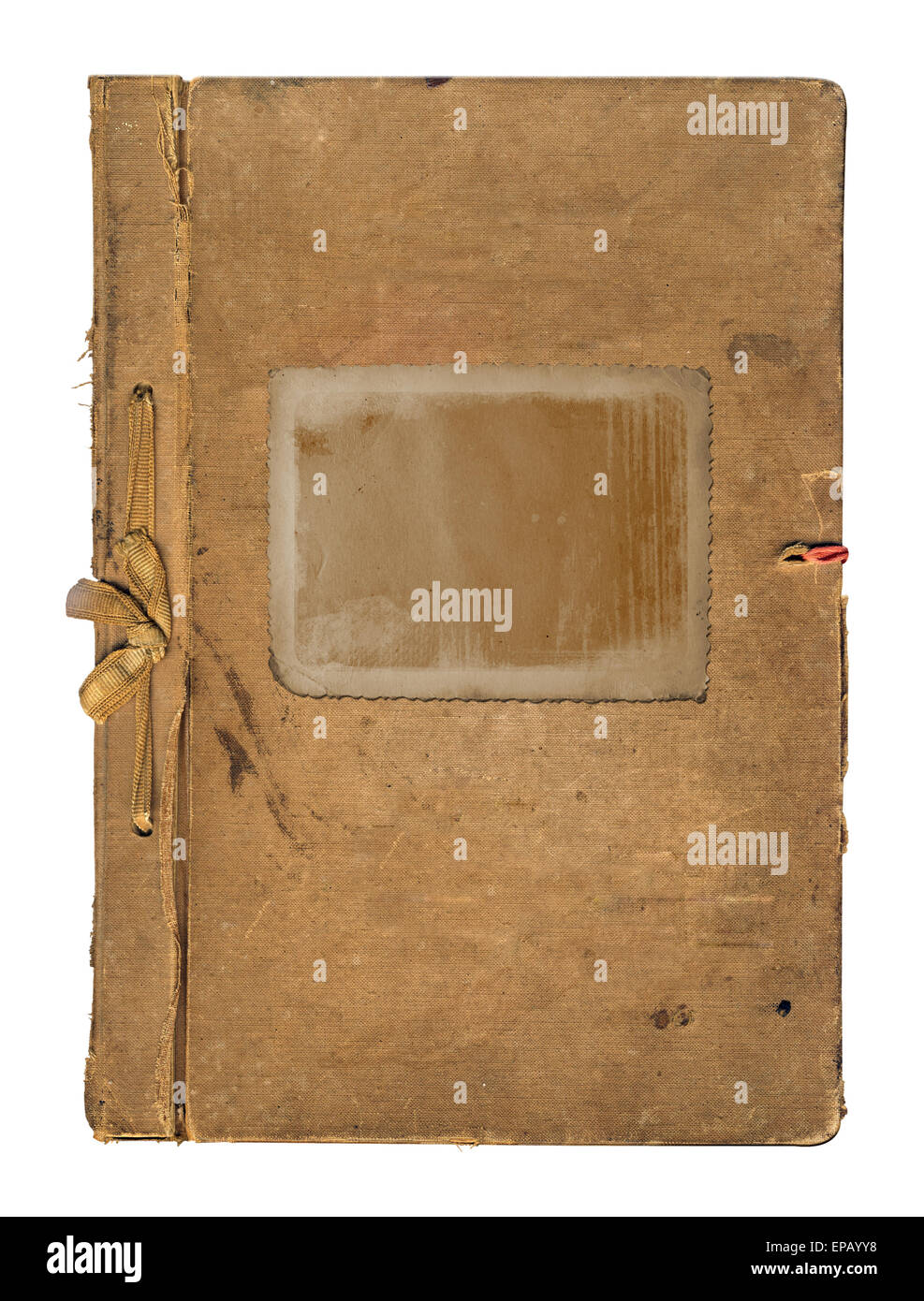 Vecchio libro usurato coprire con nastro e bow isolati su sfondo bianco Foto Stock
