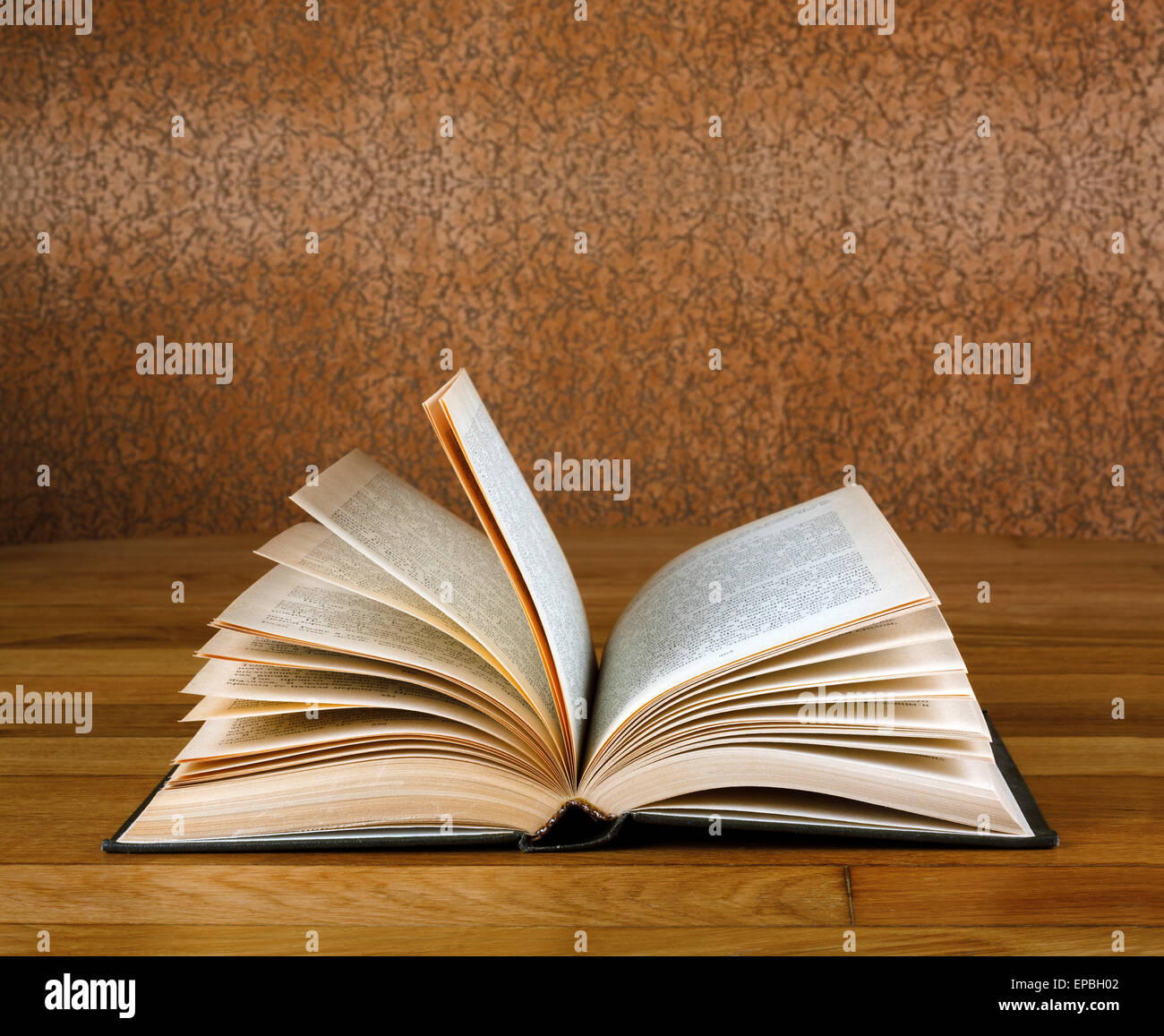 Vecchio libro aperto su grunge tavolo in legno Foto Stock