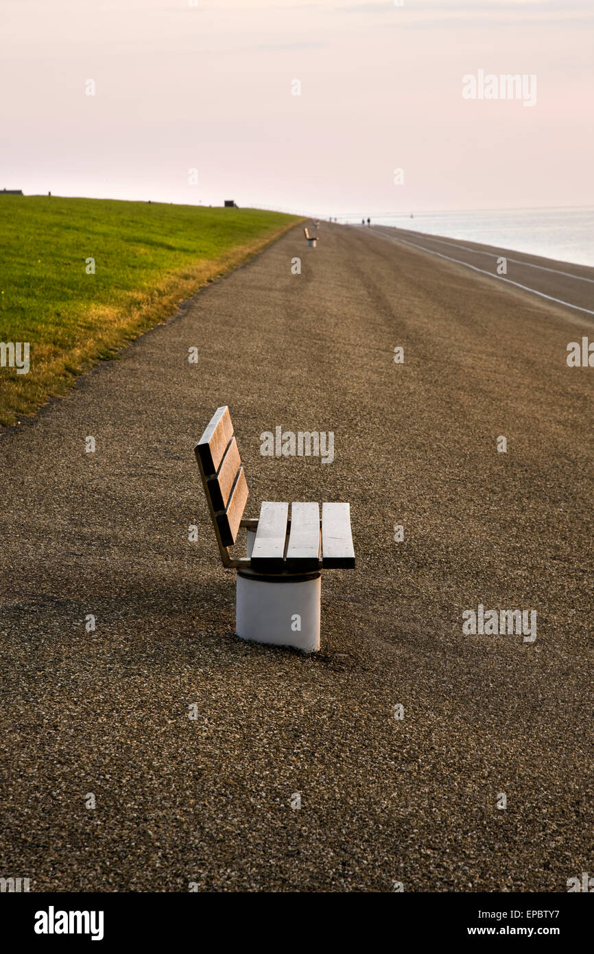 Panchine su un rilievo Dyke utilizzati per la protezione contro le inondazioni, Mare del Nord, Holland, Paesi Bassi Foto Stock