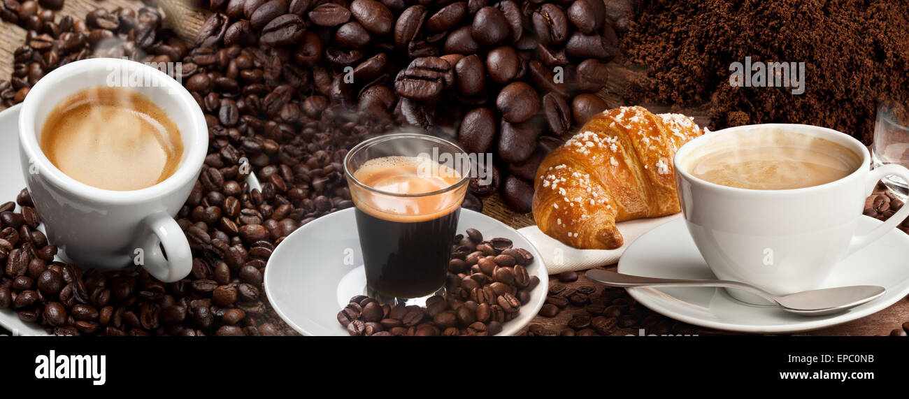 Banner di caffè Collage con caffè espresso e caffè in grani Foto Stock