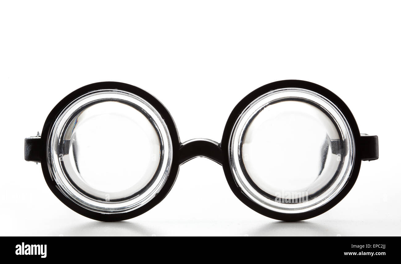Rotondo nero occhiali bottiglia isolato su sfondo bianco Foto Stock