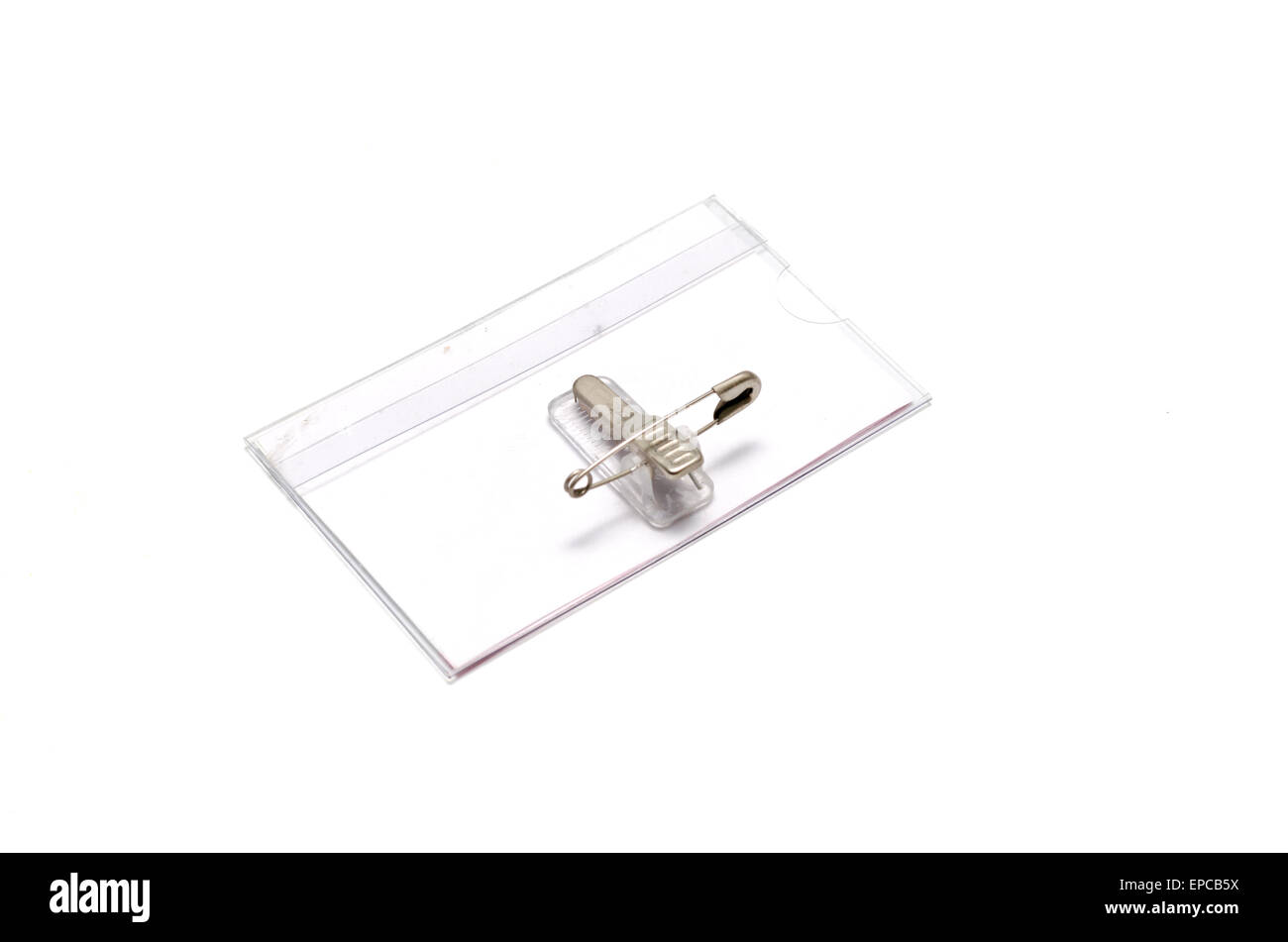 Il nome di plastica tag su sfondo bianco Foto Stock