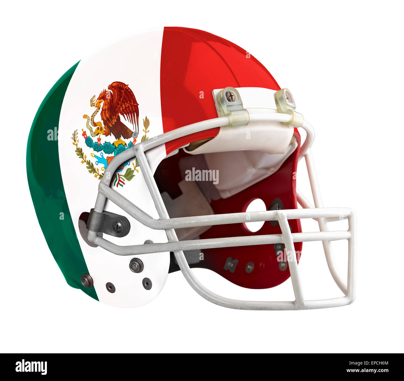 Contrassegnato Messico football americano casco isolato su uno sfondo bianco con dettagliata del percorso di clipping. Foto Stock