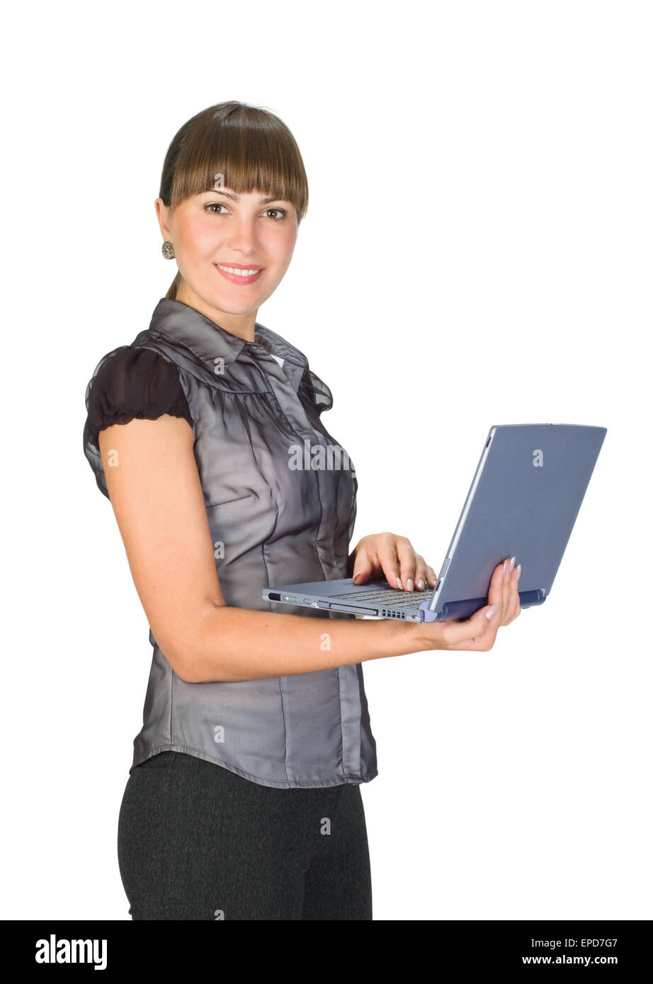 Bellissima ragazza con laptop.isolati su sfondo bianco Foto Stock