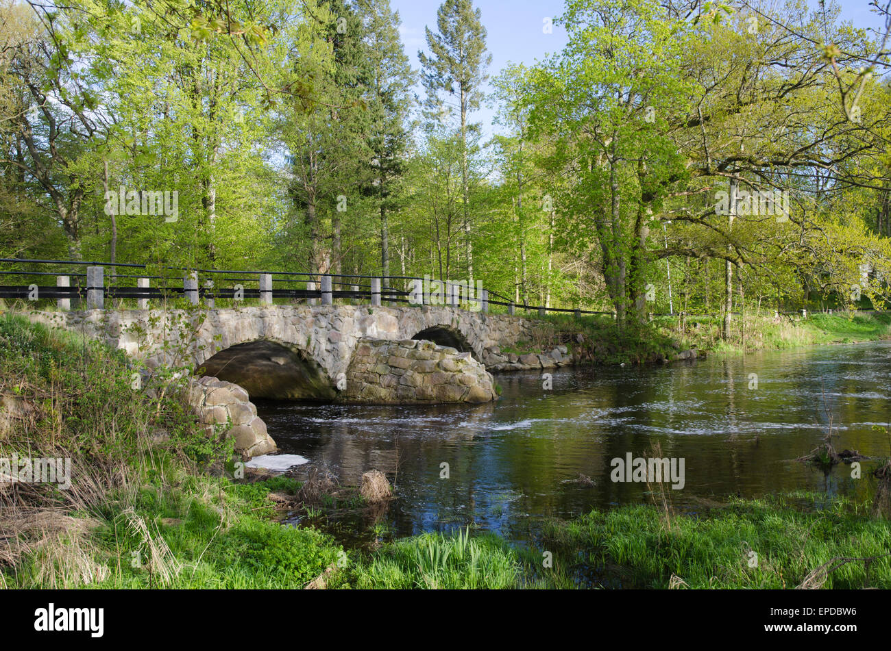 Antico ponte oltre lo streaming di acqua in un piccolo fiume in una rinnovata primavera paesaggio. Dalla provincia svedese Smaland. Foto Stock