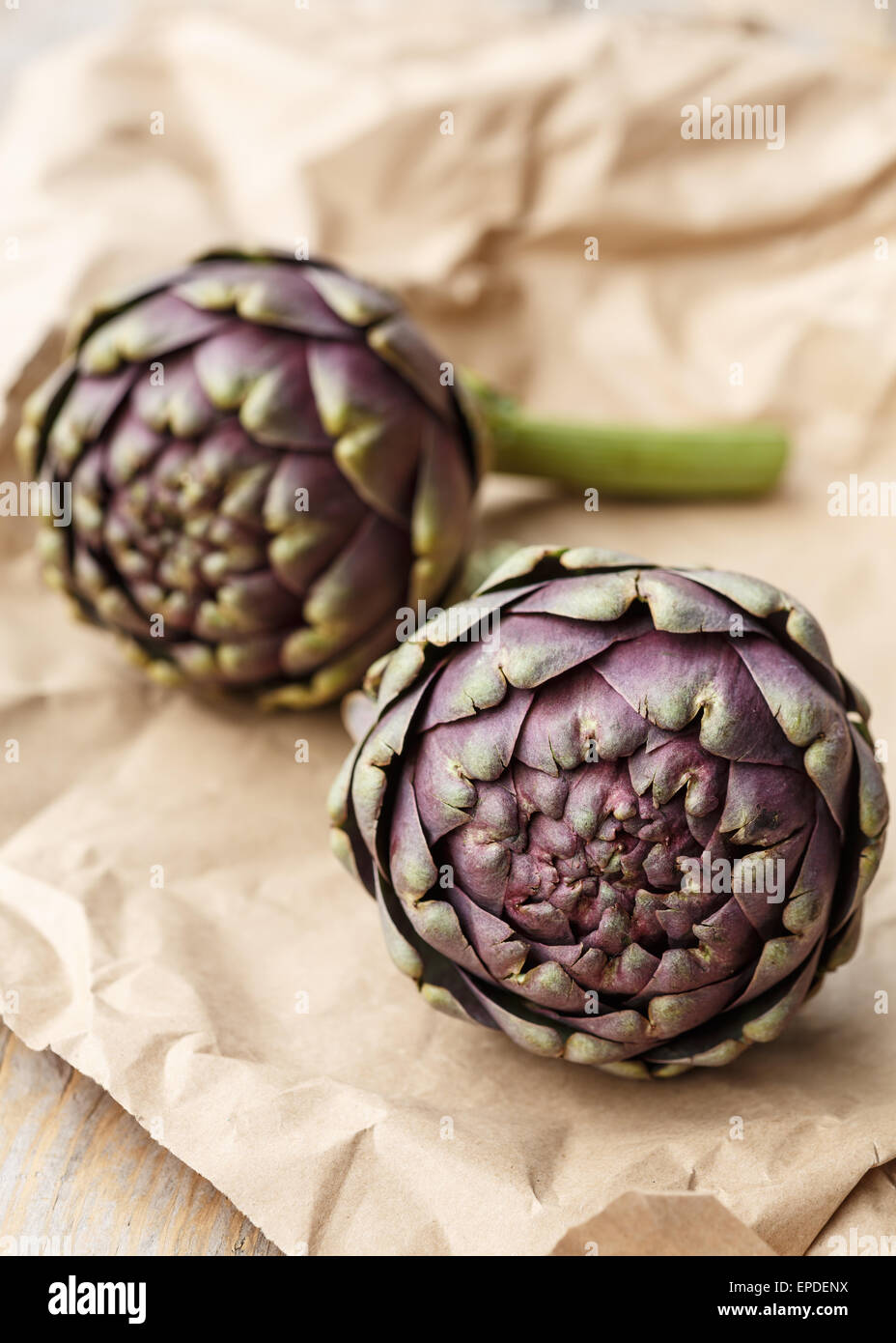 Due fresche carciofi romani su carta Foto Stock