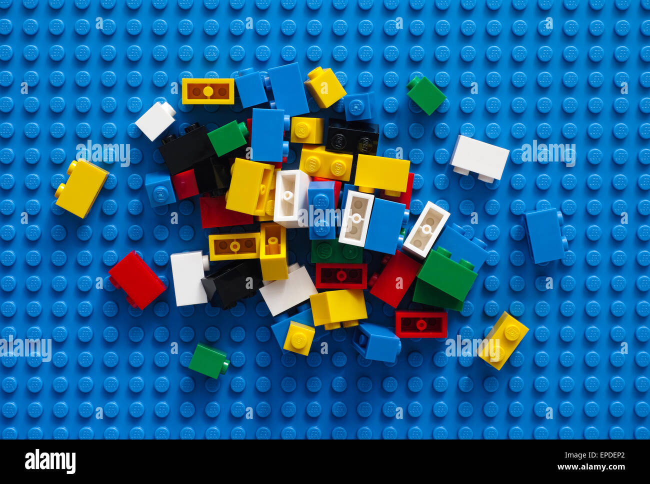 Tambov, Federazione Russa - Febbraio 20, 2015 Blocchi di LEGO sulla piastra di base blu. Studio shot. Foto Stock