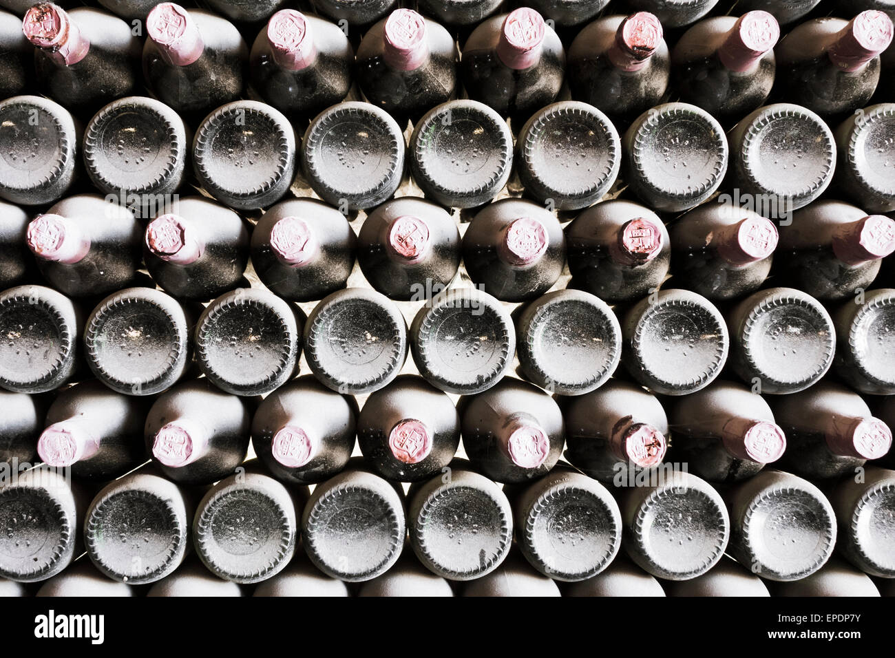 Polverose bottiglie di vino nella bodega in Spagna Foto Stock