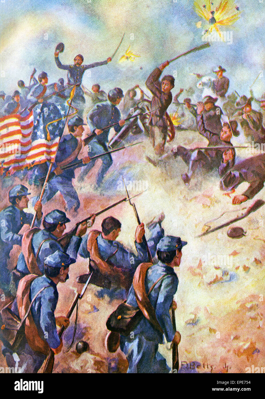 La battaglia di Shiloh, conosciuta anche come Battaglia di Pittsburgh lo sbarco è stata combattuta su aprile 6-7, 1862 nel sud-ovest del Tennessee. Lo scontro è stato uno dei più importanti nel cosiddetto "teatro occidentale" della guerra civile degli Stati Uniti. Sono qui mostrati i membri dell'esercito dell'Unione che era sotto il comando del Maggiore Generale Ulysses S. Grant. I Confederati sembravano essere conquistando il 6 aprile, ma sono stati respinti il giorno seguente. Foto Stock