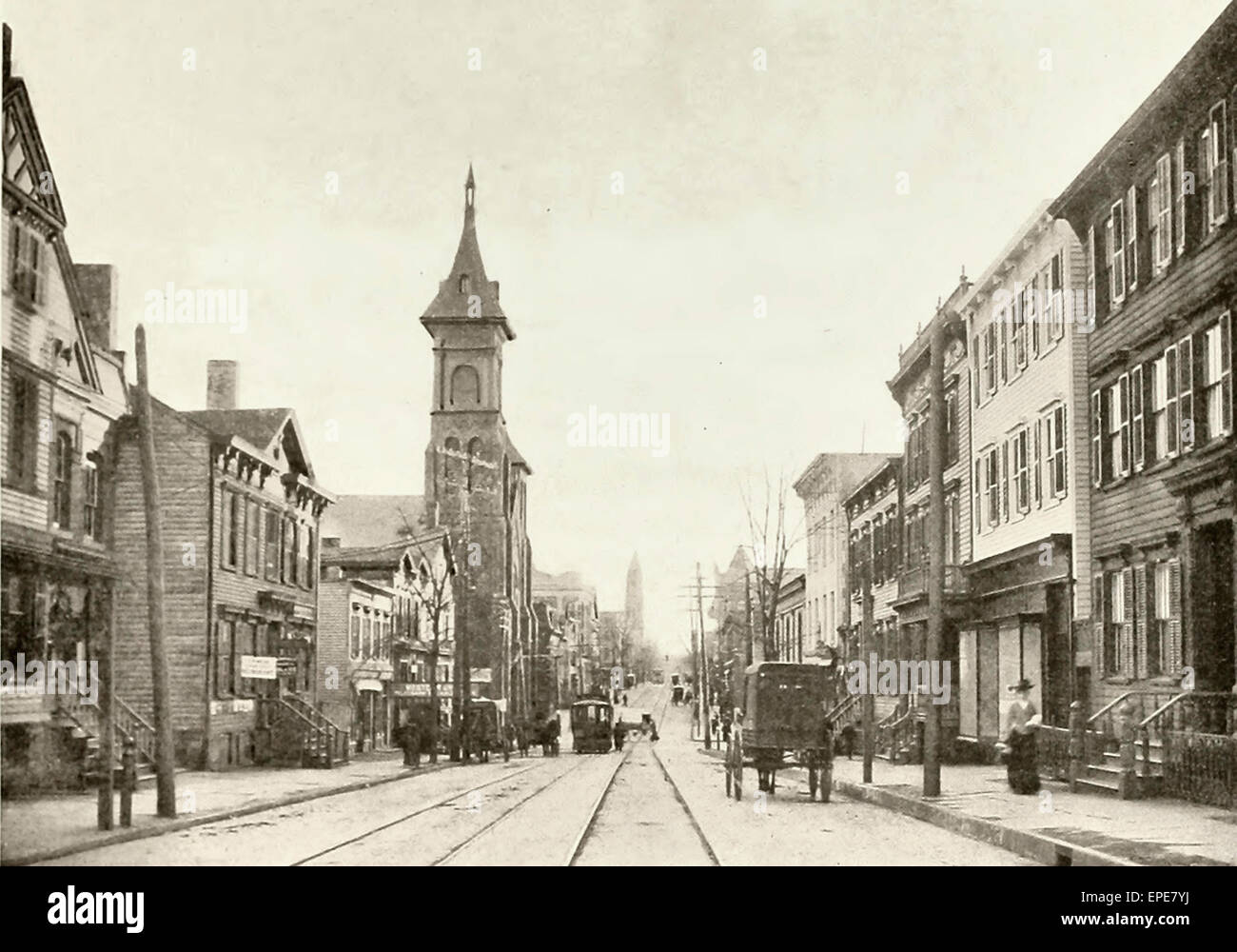 George Street - Guardando ad est da Washington Street, New Brunswick, NJ, circa 1904 Foto Stock
