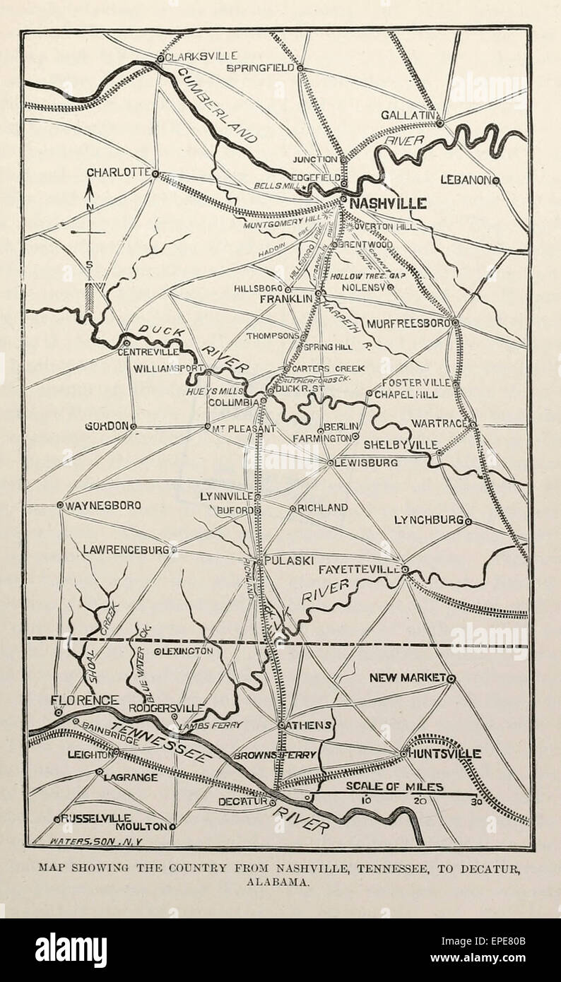 Mappa che mostra il paese da Nashville, Tennessee a Decatur, Alabama durante gli Stati Uniti dalla guerra civile Foto Stock
