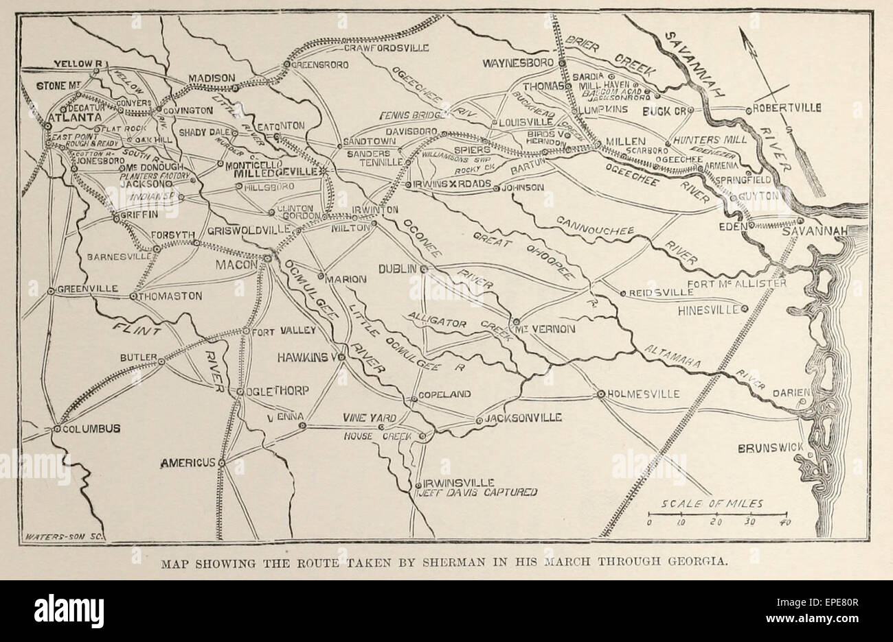 Mappa che mostra il percorso compiuto dal Generale William Sherman nel suo marzo attraverso la Georgia, 1864 Foto Stock