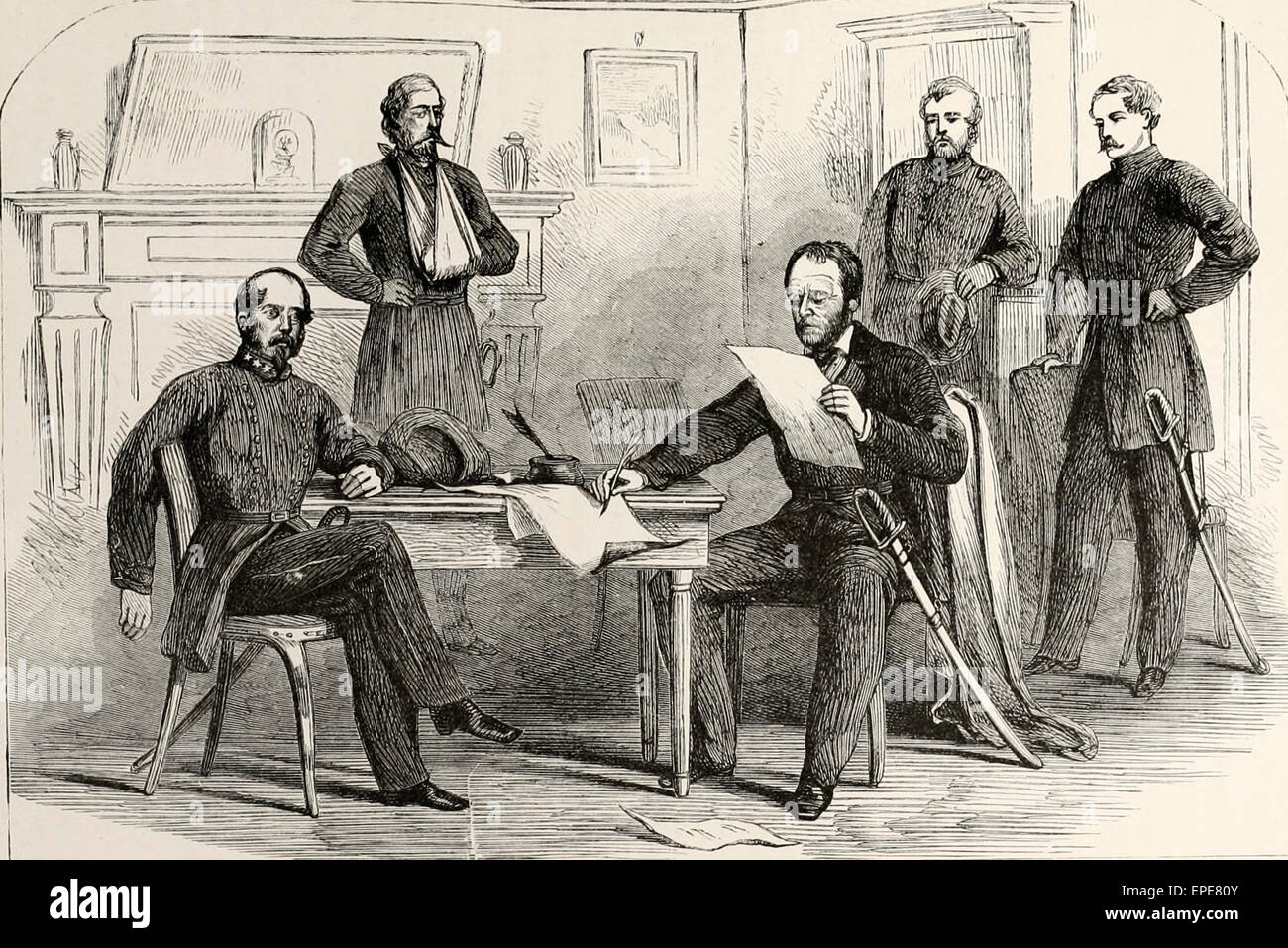 Intervista tra i generali Sherman e Johnson per discutere la cessione di Johnston's esercito - USA GUERRA CIVILE, Aprile 1865 Foto Stock