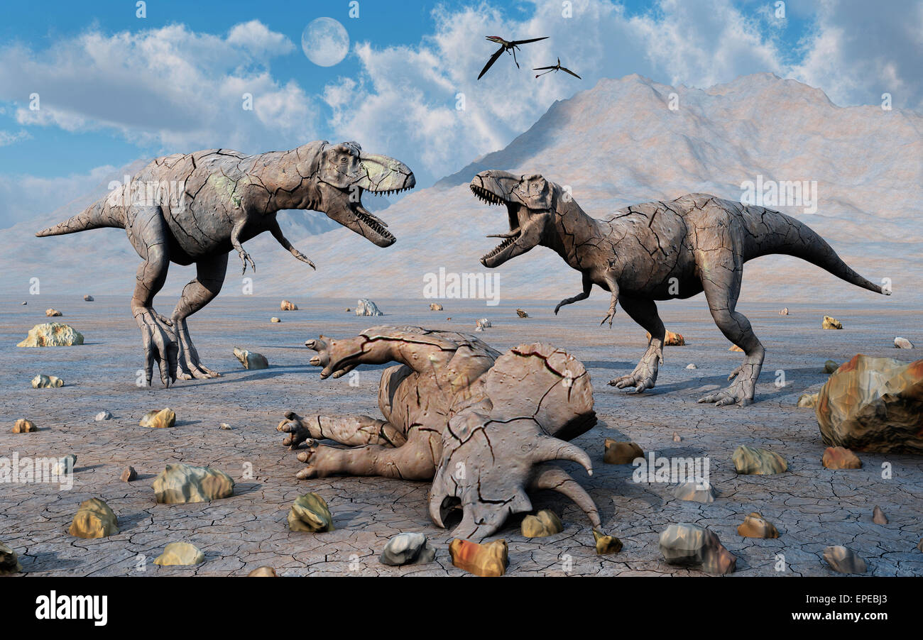Pietrificati T.REX & Triceratops Dinosauri Foto Stock