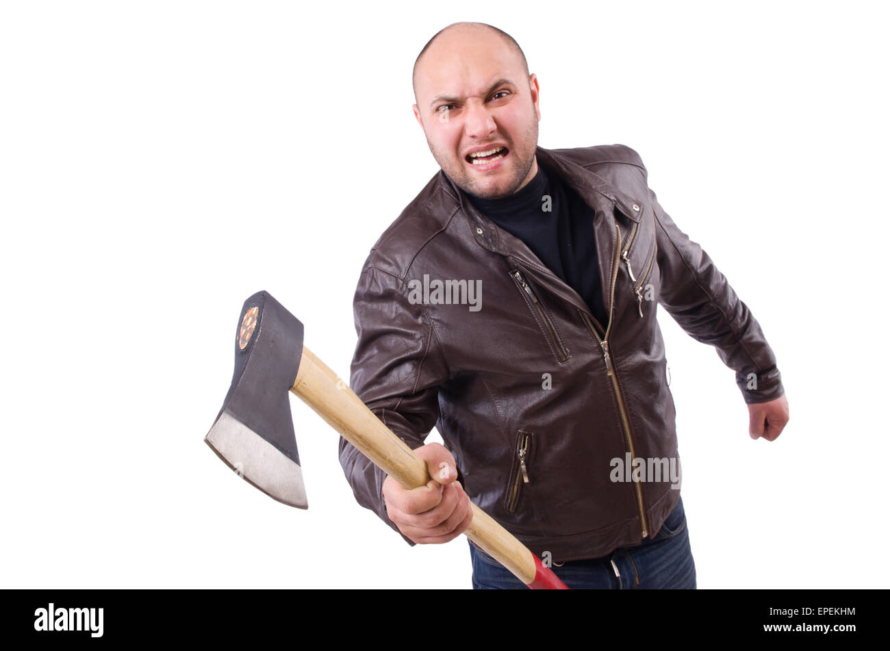 Uomo con ax isolato su bianco Foto Stock