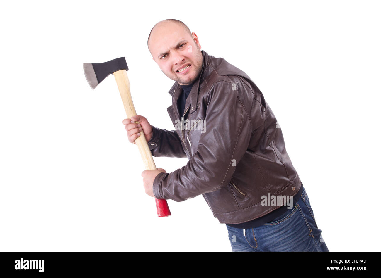 Uomo con ax isolato su bianco Foto Stock