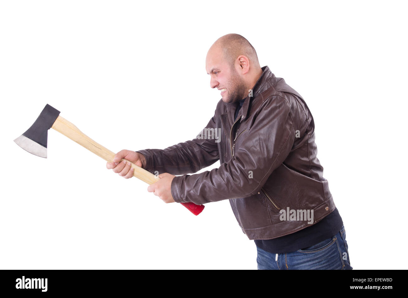 Uomo con ax isolato su bianco Foto Stock