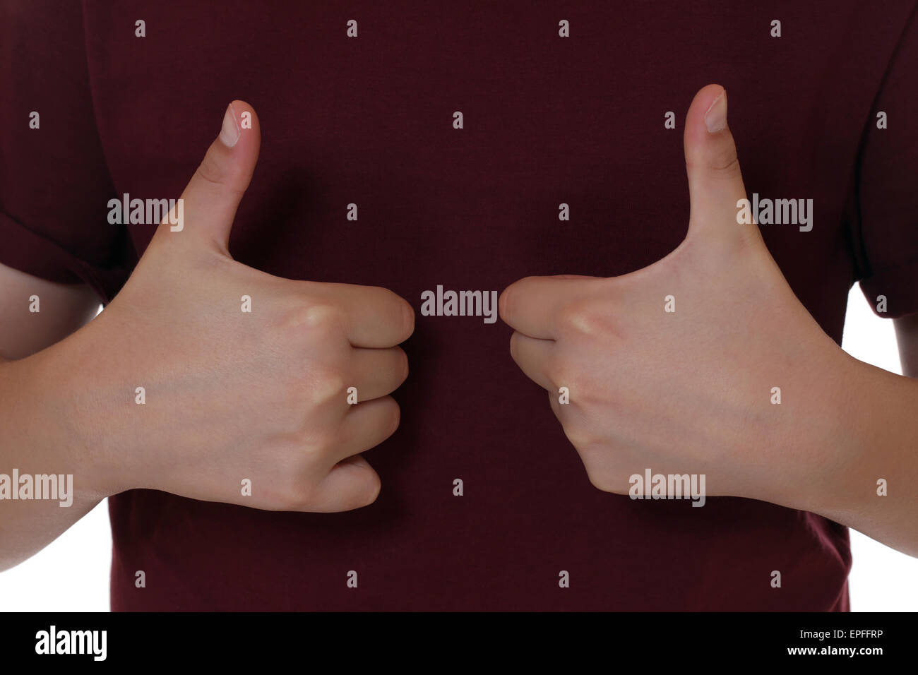 Tipo ist Sieger, hat Erfolg, zeigt die Daumen hoch Foto Stock