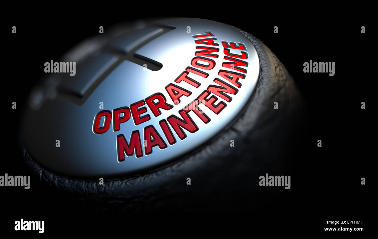 Levetta marcia con il testo in rosso di mantenimento operativo su sfondo nero. Vista ravvicinata. Messa a fuoco selettiva. 3D Render. Foto Stock