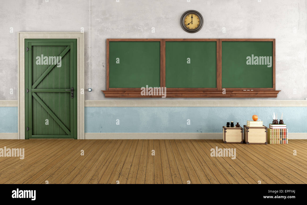 Svuotare vintage aula con lavagna verde e legno porta anteriore- 3D Rendering Foto Stock